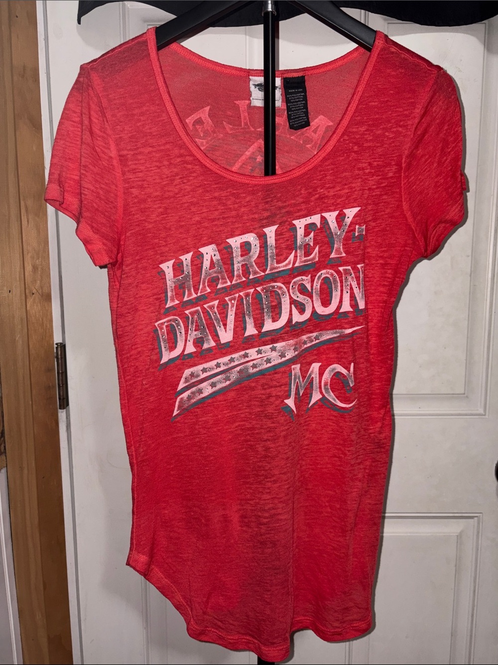Harley Davidson Red Rhinestone Ace of Spades Graphic Burnout T-Shirt